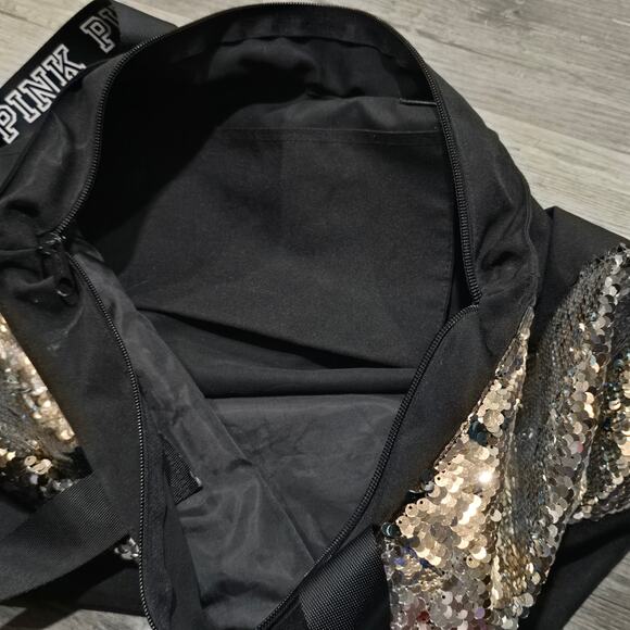 PINK Silver & Black Sequin Large Overnight Tote Carry All Beach Bag - Picture 3 of 10